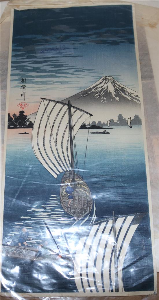 Five Japanese woodblock prints, unframed(-)